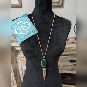 Kendra Scott Rayne Tassel Necklace Green Glass Gold Plate/Dust Bag30"-32" Chain
